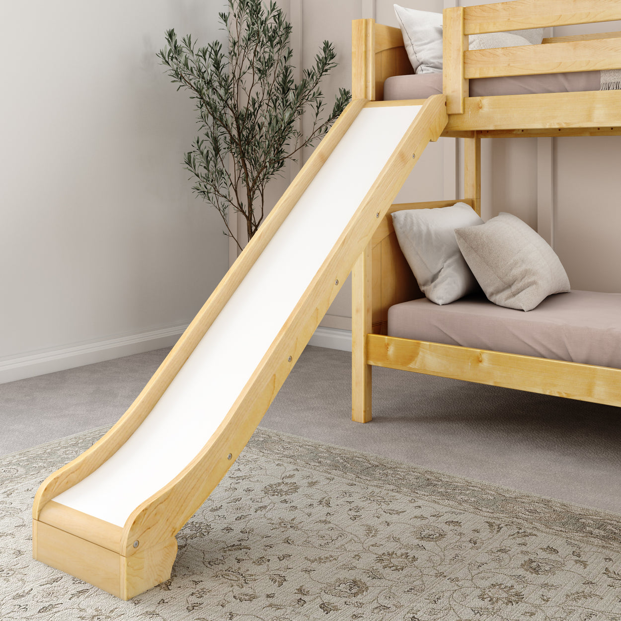 Wooden bunk bed with slide and neutral bedding in a cozy bedroom setting.