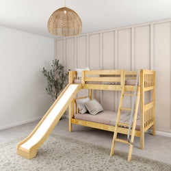 Wooden bunk bed with slide and ladder in modern kids' room.