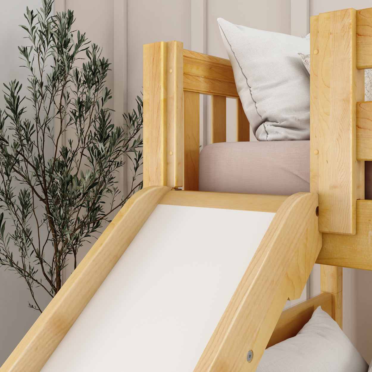 Wooden bunk bed with slide in modern kids' room design.