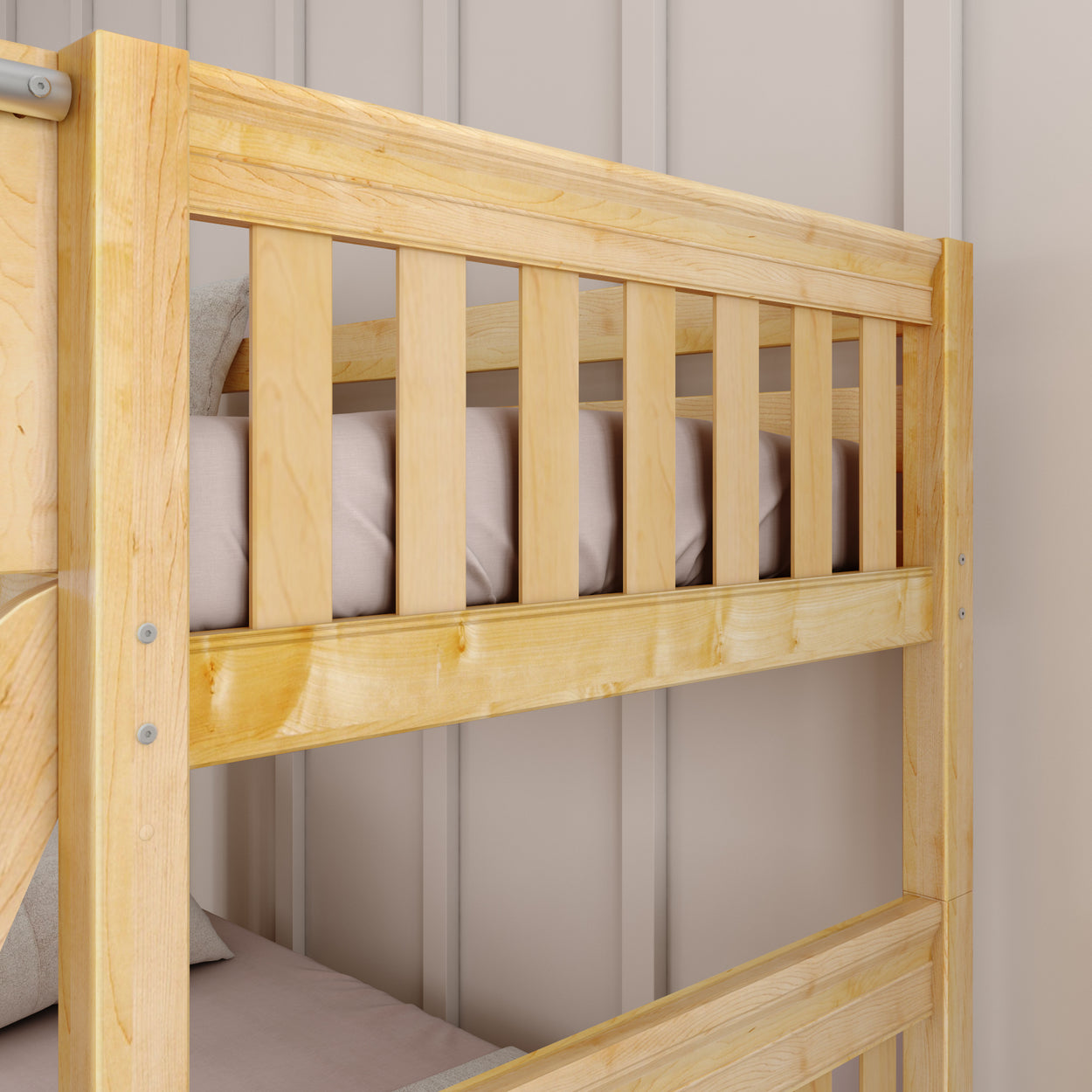 Wooden bunk bed frame in a modern bedroom setting.