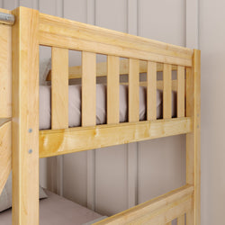Wooden bunk bed frame in a modern bedroom setting.