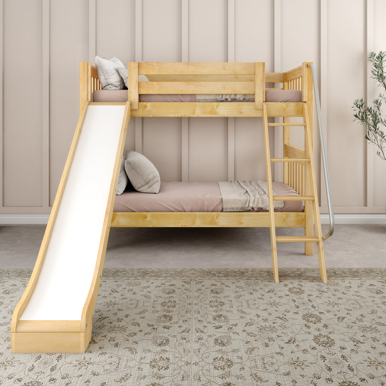 Wooden bunk bed with slide and ladder in a cozy child’s room.