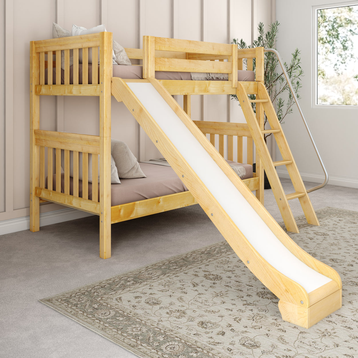 Wooden bunk bed with slide in a cozy bedroom setting.