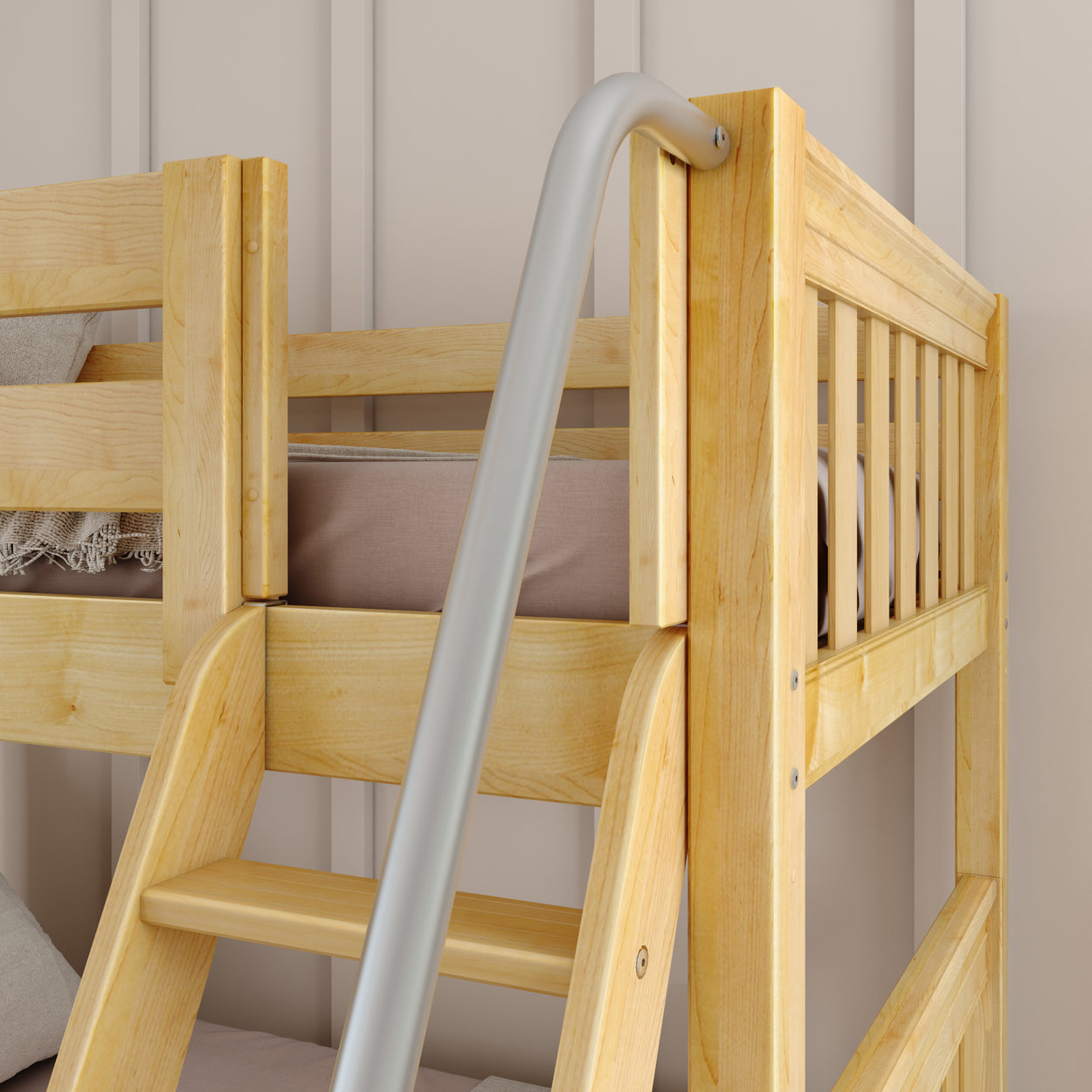 Wooden bunk bed with ladder in modern bedroom.
