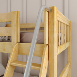 Wooden bunk bed with ladder in modern bedroom.