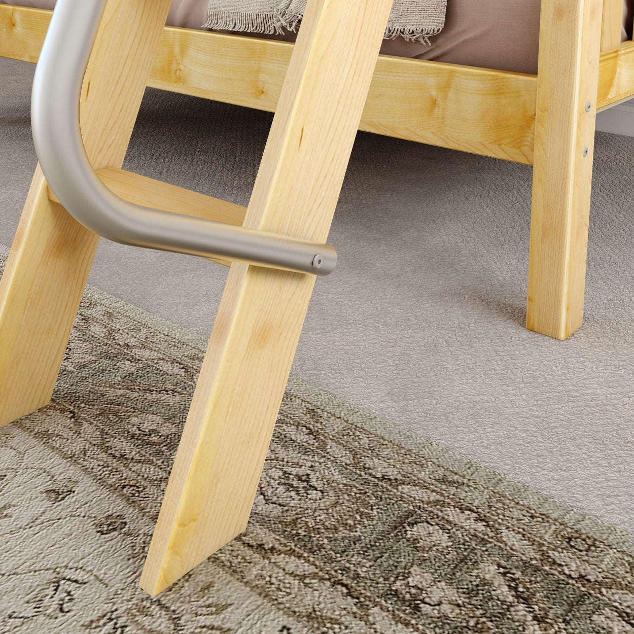 Wooden bunk bed ladder on beige carpet with ornate rug pattern.