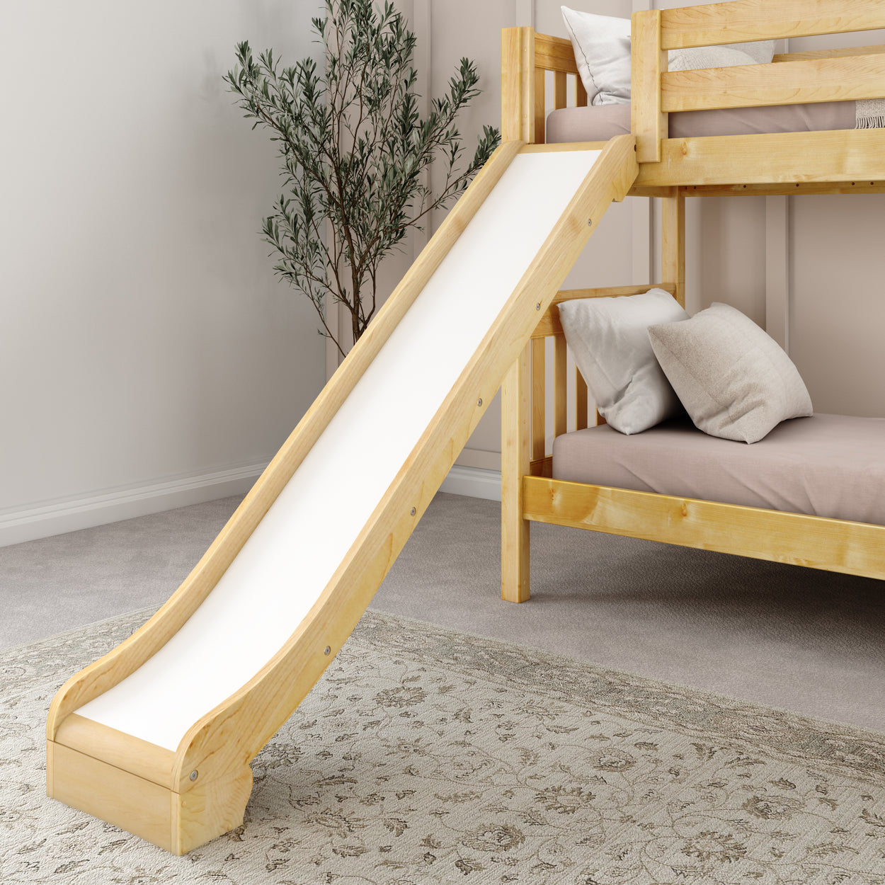 Wooden bunk bed with slide in modern children's room.