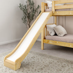 Wooden bunk bed with slide in modern children's room.