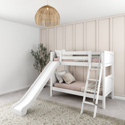 White bunk bed with slide in minimalistic kids' room featuring a woven pendant light and indoor plant.