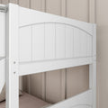 White wooden bunk bed with arched panel headboard and safety rail in a minimalist beige kids' bedroom
