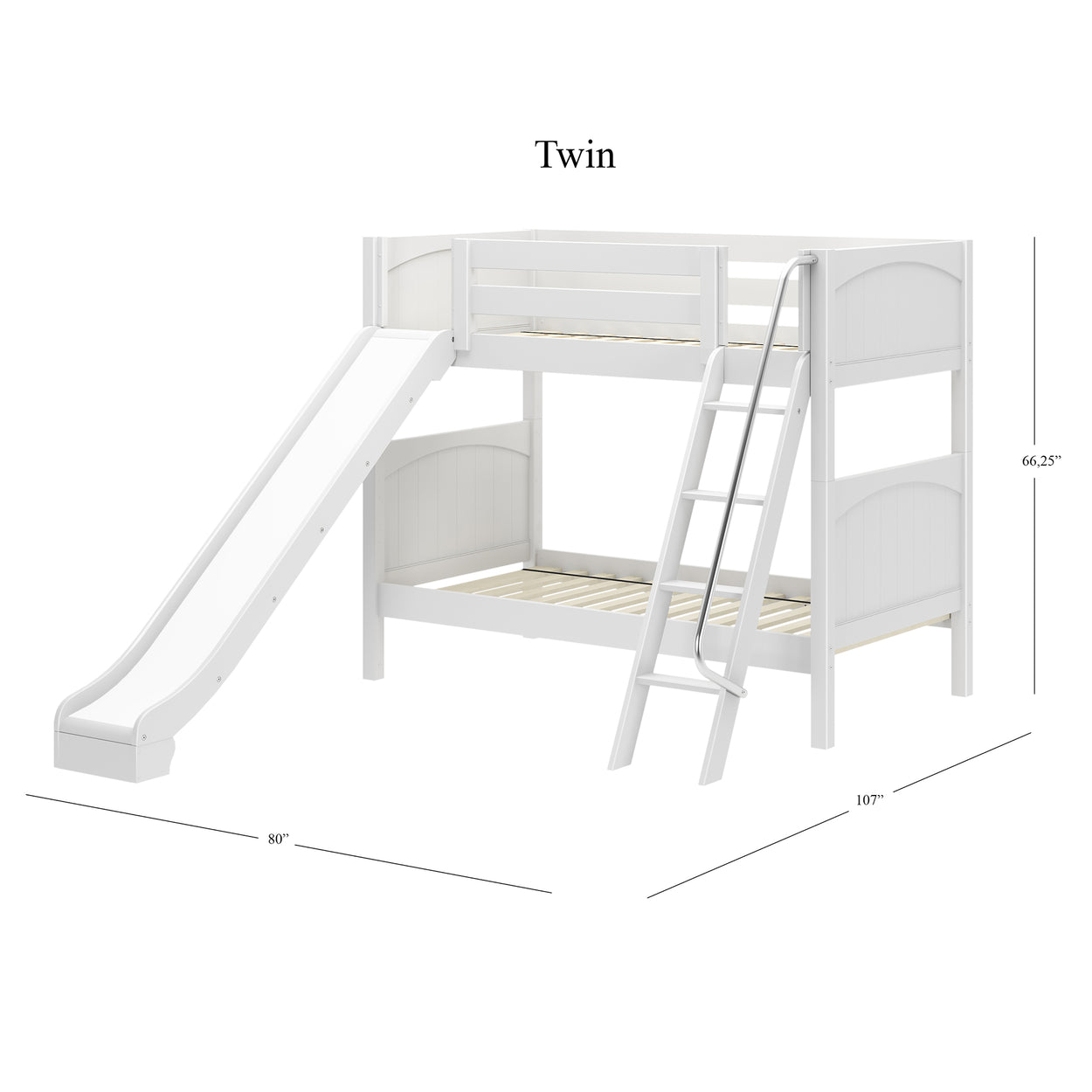 White twin loft bed with slide and ladder, children's furniture dimensions shown, modern space-saving design for kids' rooms.