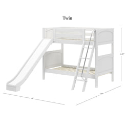 White twin loft bed with slide and ladder, children's furniture dimensions shown, modern space-saving design for kids' rooms.