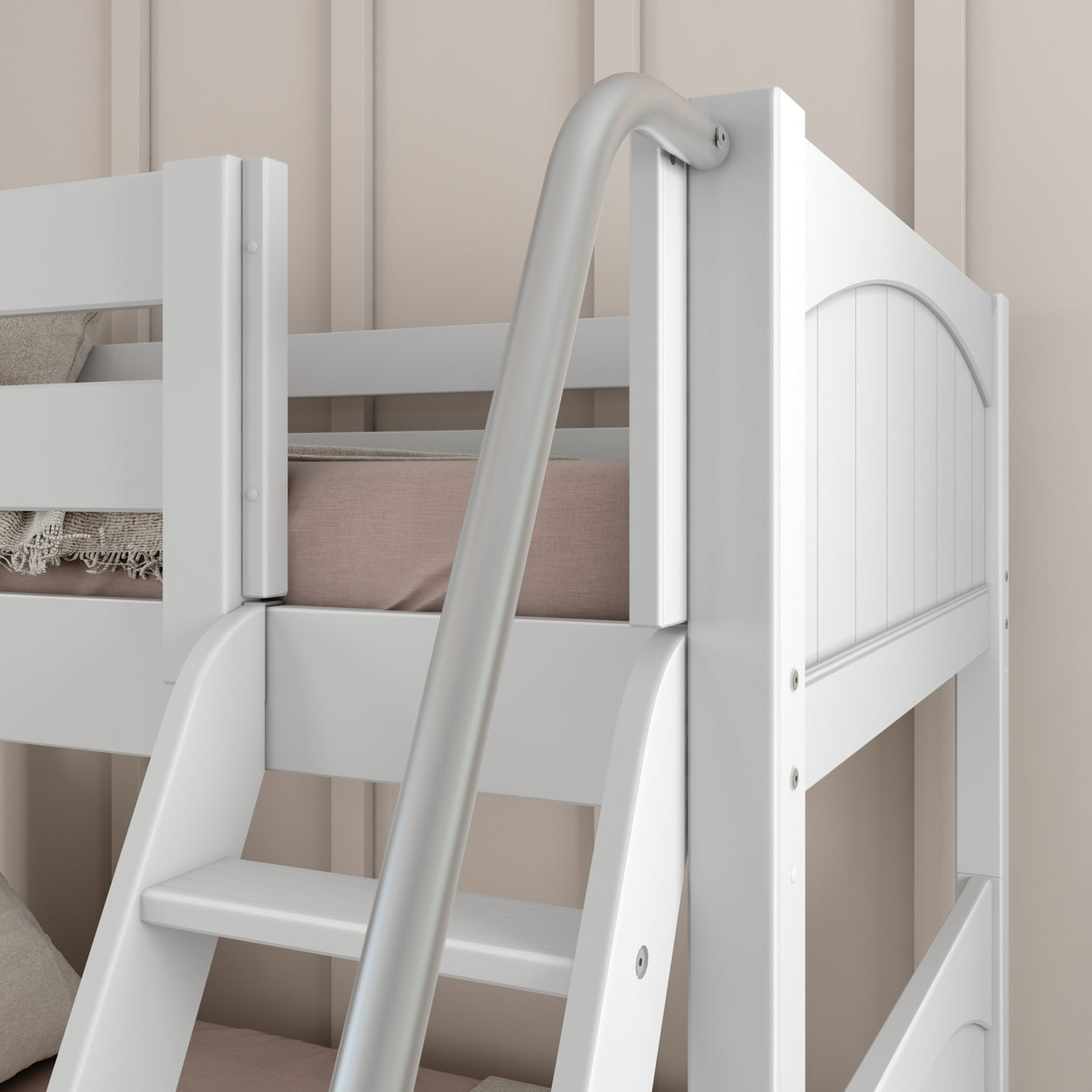 White wooden bunk bed with ladder and soft beige bedding in a modern bedroom setup.