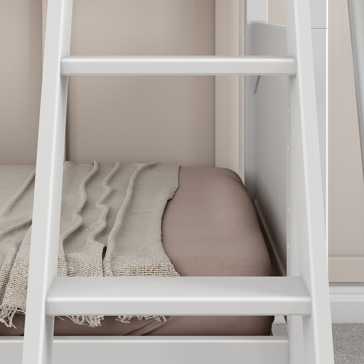 Loft bed with white ladder and beige bedding in modern bedroom design.