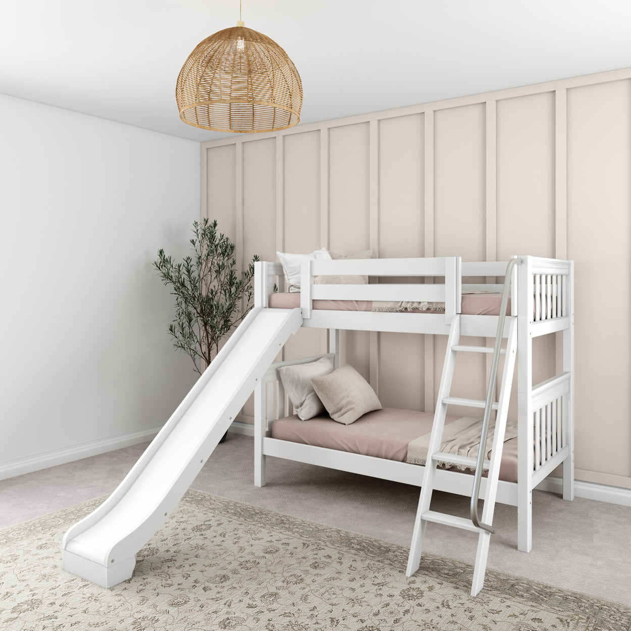 Kids' white bunk bed with slide and ladder in cozy bedroom setting.