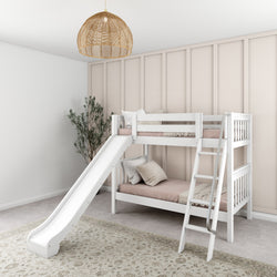 Kids' white bunk bed with slide and ladder in cozy bedroom setting.