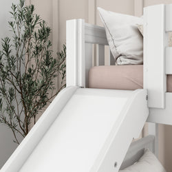 White children's loft bed with slide and cozy pillows, perfect for modern kids' room design.