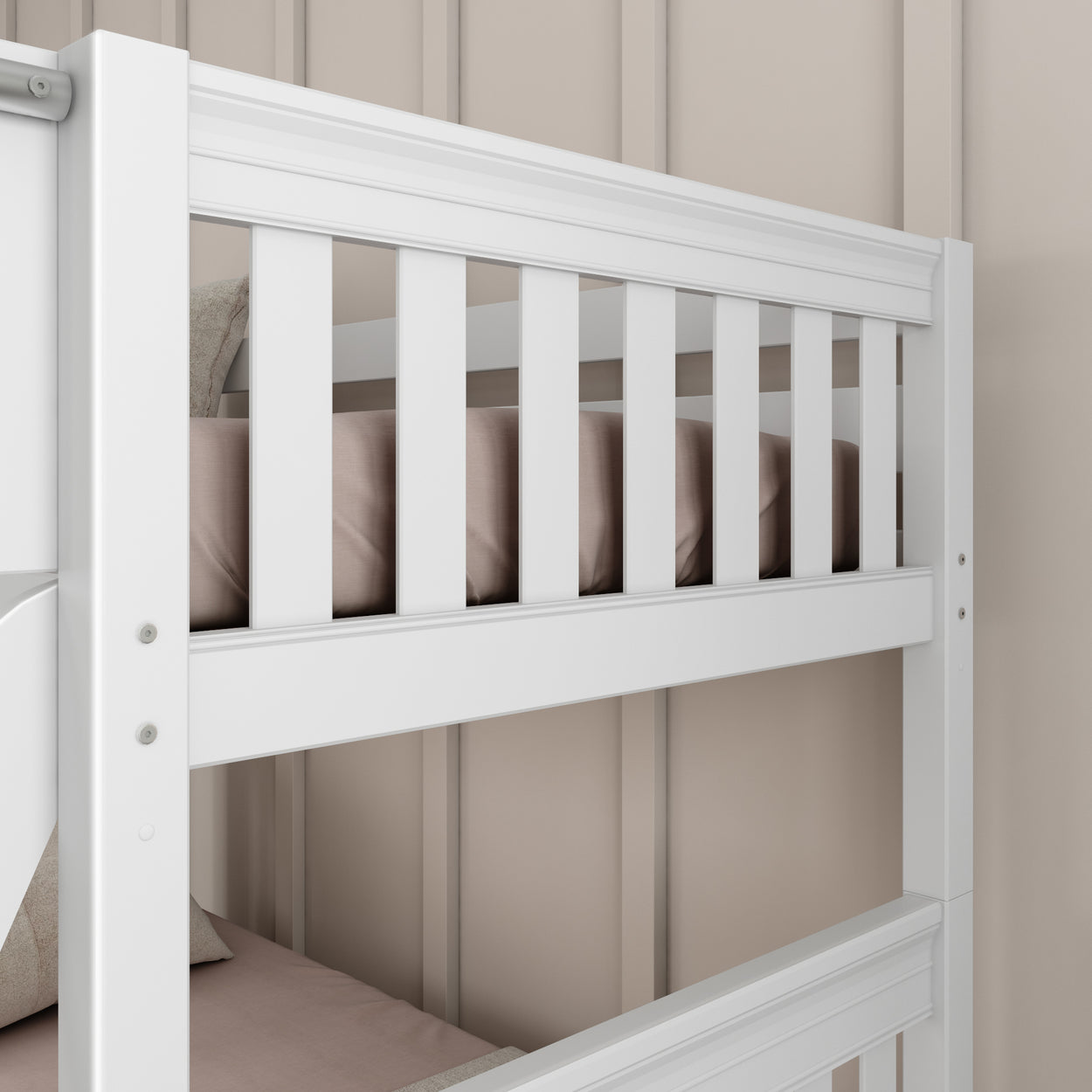 White wooden bunk bed with beige bedding in a modern bedroom setting.