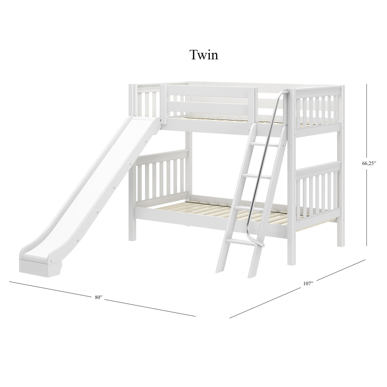 White twin loft bed with slide and ladder, dimensions 80" L x 107" W x 66.25" H.