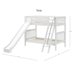 White twin loft bed with slide and ladder, dimensions 80" L x 107" W x 66.25" H.