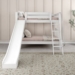 White bunk bed with ladder and slide in a modern kids' room.