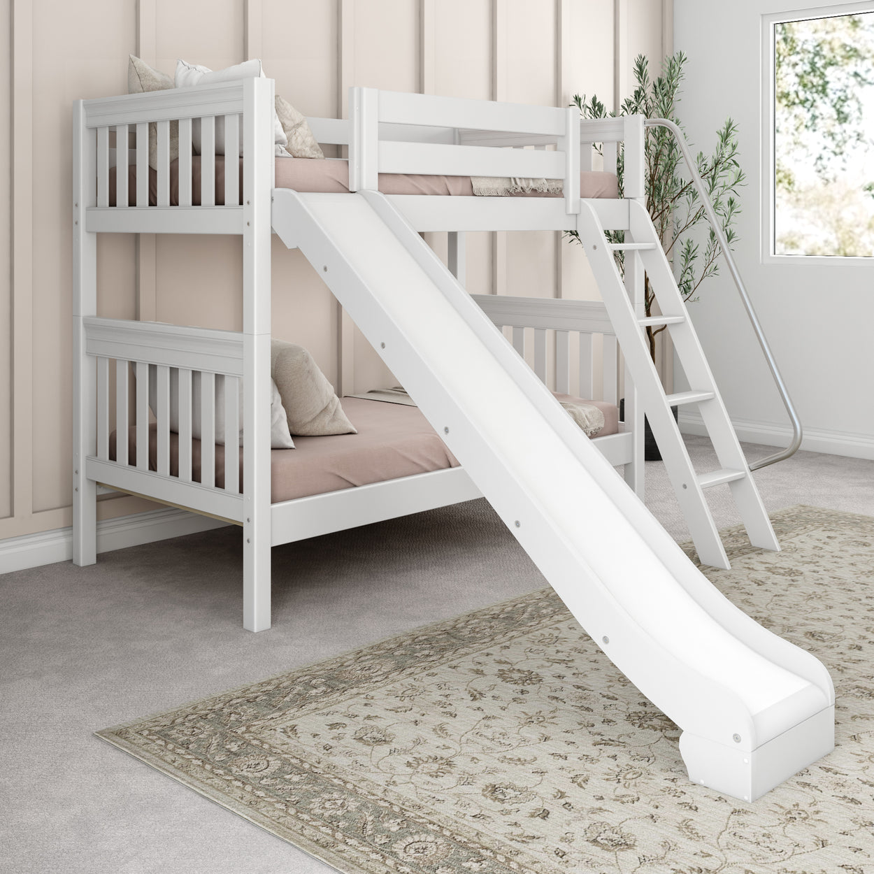 White wooden bunk bed with slide and ladder in a children's bedroom.