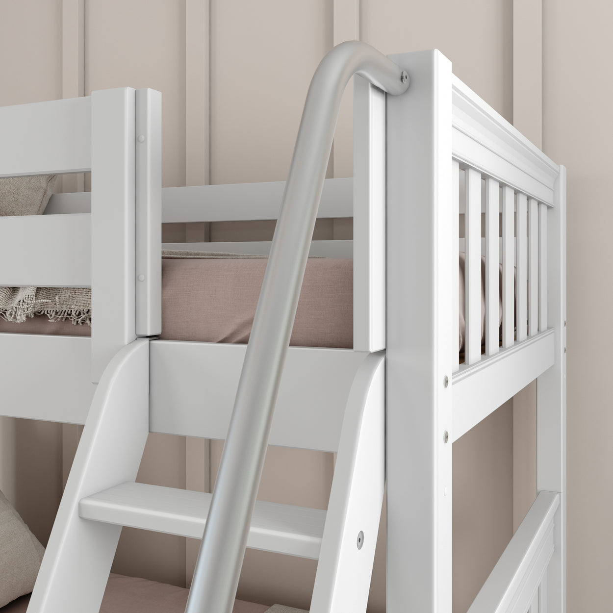 White bunk bed with ladder and beige bedding in a modern bedroom.