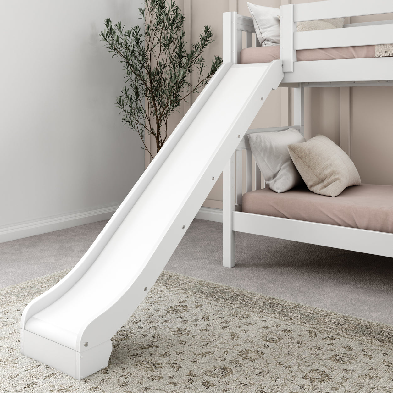 White bunk bed with slide in modern bedroom setting.