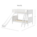 White Twin XL loft bunk bed with slide and ladder, wooden slatted Twin XL bed frame for kids in modern white finish, dimensions 84 in depth × 107 in width × 66.25 in height