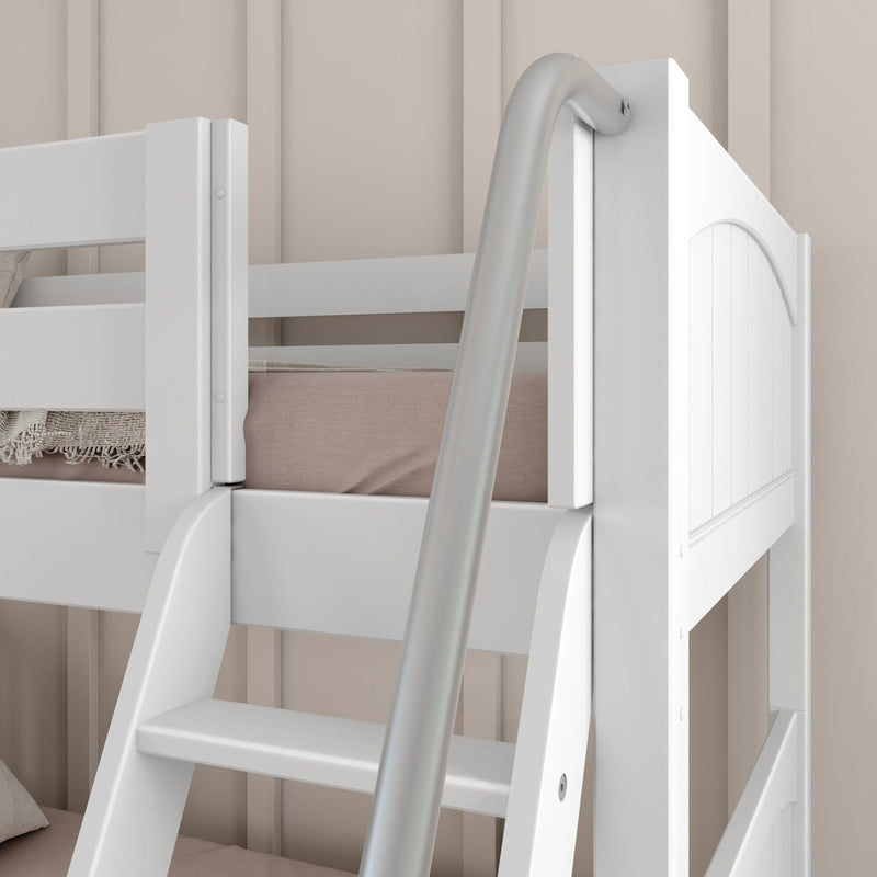 Close-up of white wooden bunk bed ladder and safety rail with pink bedding against beige shiplap wall, modern kids loft bed