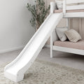 White kids' bunk bed with slide, blush-beige mattresses and pillows in a minimalist neutral nursery with indoor plant