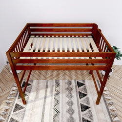 Brown wooden twin loft bed frame with slatted mattress support over a patterned rug on herringbone hardwood floor, modern bedroom decor