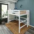 White children's loft bed with ladder and blue shiplap accent wall in modern kids' bedroom with pillows, window, plant and woven rug