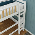 White wooden bunk bed ladder and safety guardrail with natural wood slats, white mattress, teal paneled wall and brown textured rug