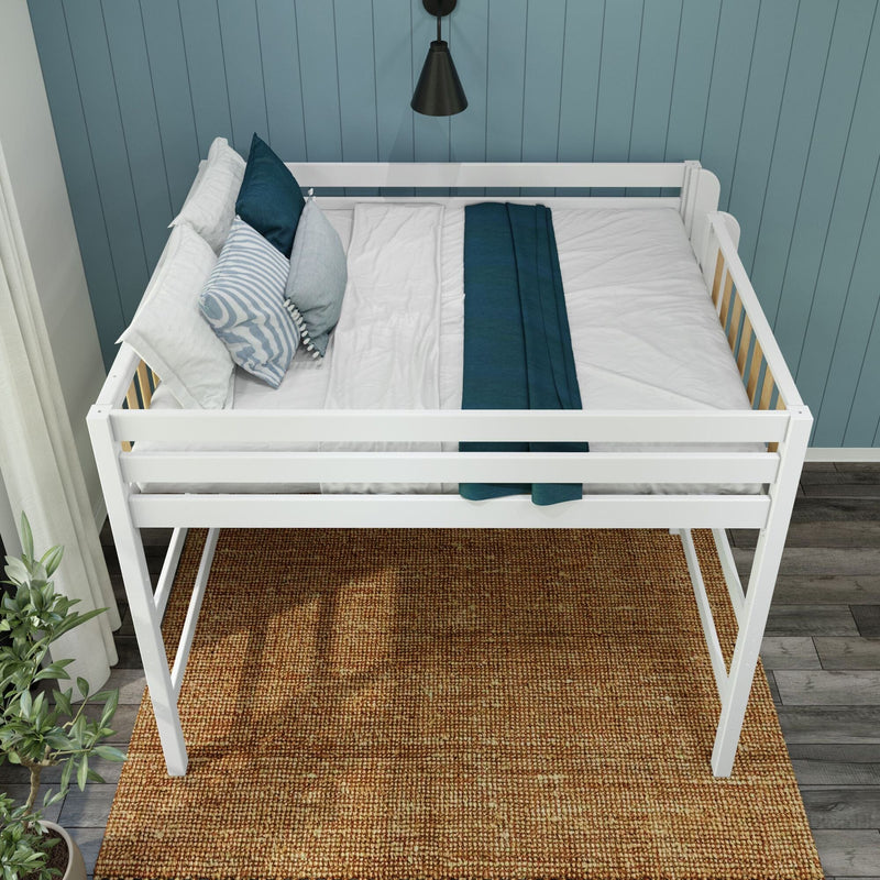 White loft bed with white bedding, navy and striped accent pillows, teal shiplap wall, black pendant light and natural jute rug