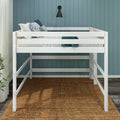 Modern white loft bed frame with teal pillows and striped cushion against blue shiplap wall and black wall sconce on jute rug