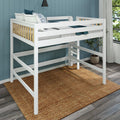 White twin loft bed with guardrails and ladder in blue kids' bedroom, styled with pillows and potted plant