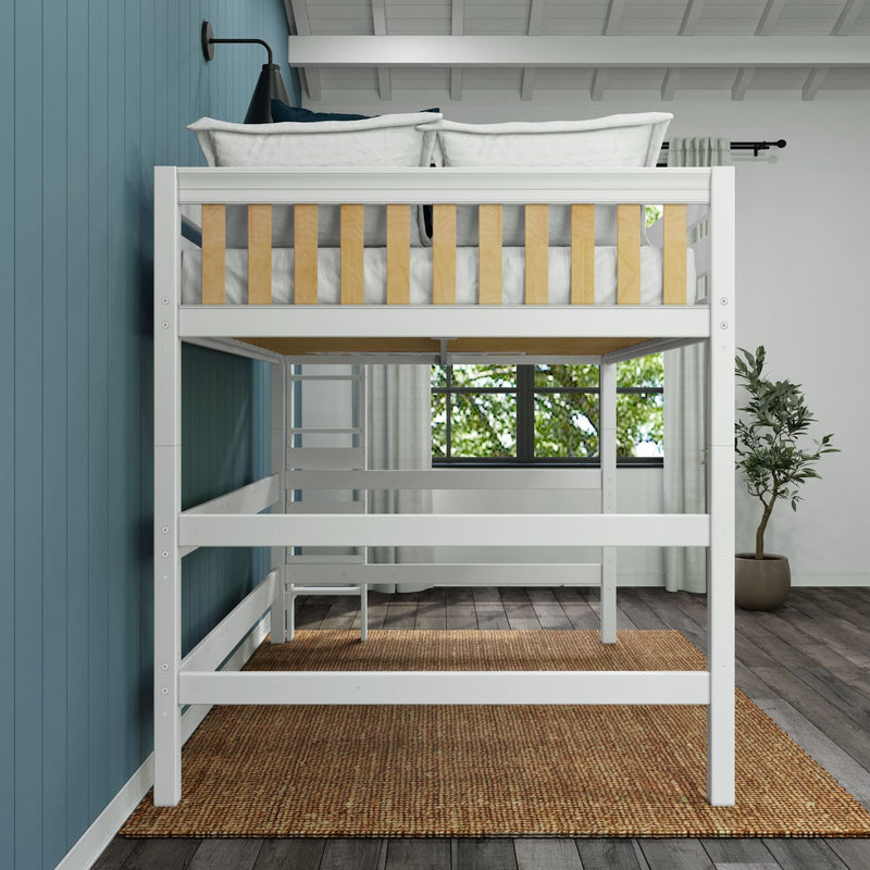 White wooden loft bunk bed with ladder and twin mattress in modern coastal bedroom featuring blue shiplap wall, woven rug, potted plant and window light