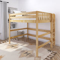 Wooden loft bed with ladder and safety rails in a minimalist kids' bedroom, natural maple finish, neutral pillows, woven rug and storage basket — space-saving twin loft bed