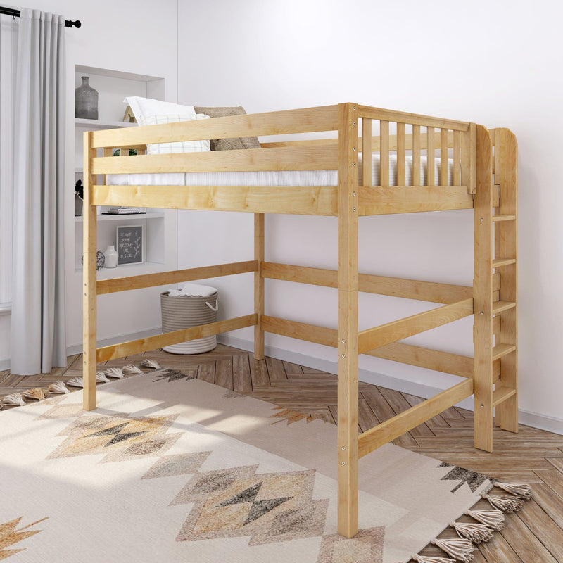 Wooden loft bed with ladder and safety rails in a minimalist kids' bedroom, natural maple finish, neutral pillows, woven rug and storage basket — space-saving twin loft bed