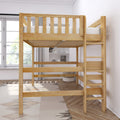 Natural solid wood loft bed with ladder and upper mattress over study nook in a modern kids' bedroom with light pine finish and window