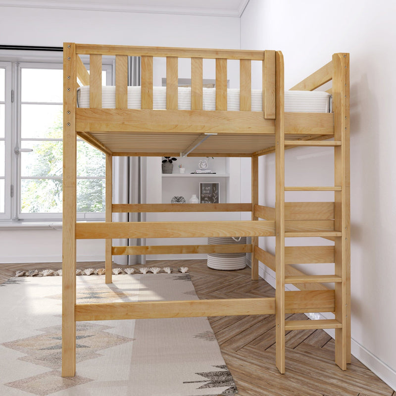 Natural solid wood loft bed with ladder and upper mattress over study nook in a modern kids' bedroom with light pine finish and window