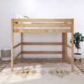 Natural solid wood twin loft bed with safety guardrail, white bedding and pillows over patterned rug and potted plant in minimalist kids' bedroom