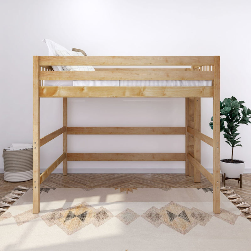 Natural solid wood twin loft bed with safety guardrail, white bedding and pillows over patterned rug and potted plant in minimalist kids' bedroom