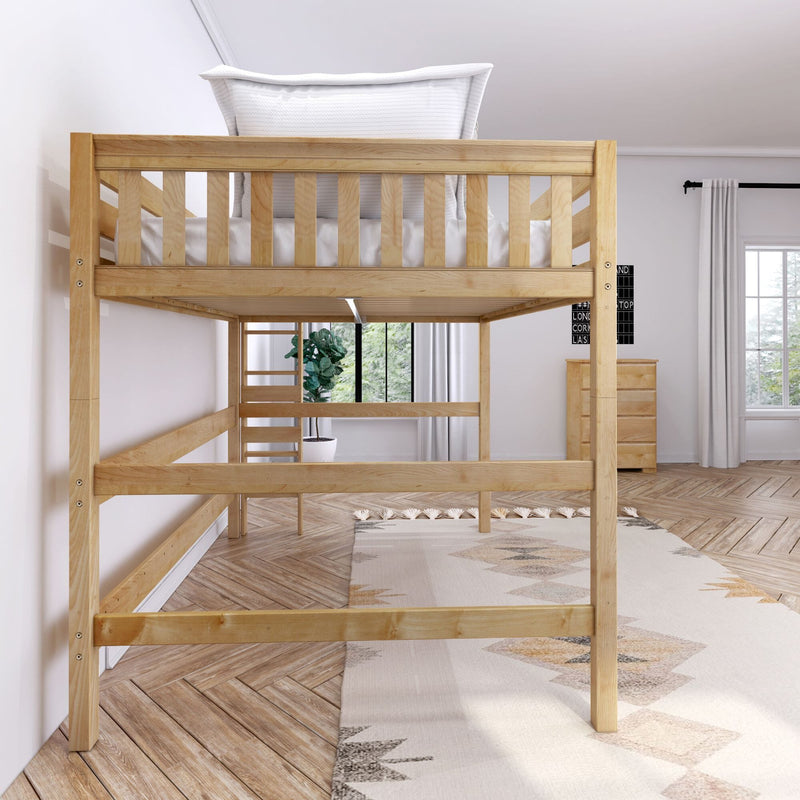 Natural wood loft bed with ladder, white bedding and modern dresser in a bright, space‑saving kids' bedroom