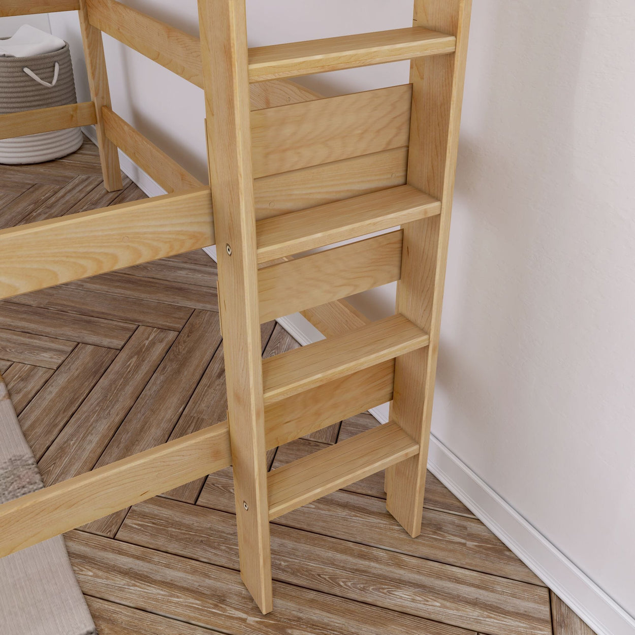 Wooden bunk bed ladder with light oak finish against a pale wall on herringbone hardwood floor in a bedroom