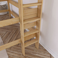 Wooden bunk bed ladder with wide natural-finish rungs and built-in frame on herringbone hardwood floor against a white bedroom wall