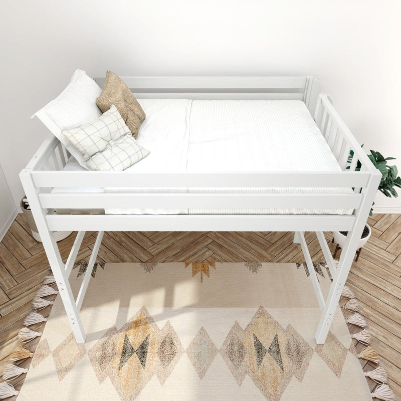 White loft bed in minimalist nursery with white bedding, textured decorative pillows, herringbone wood floor and patterned boho rug