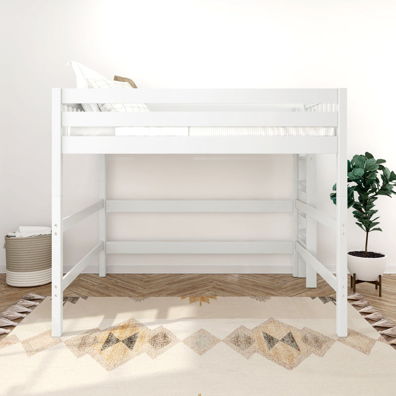 Modern white wooden loft bed with safety rails, neutral pillows, patterned rug and potted plant in bright minimalist kids' bedroom