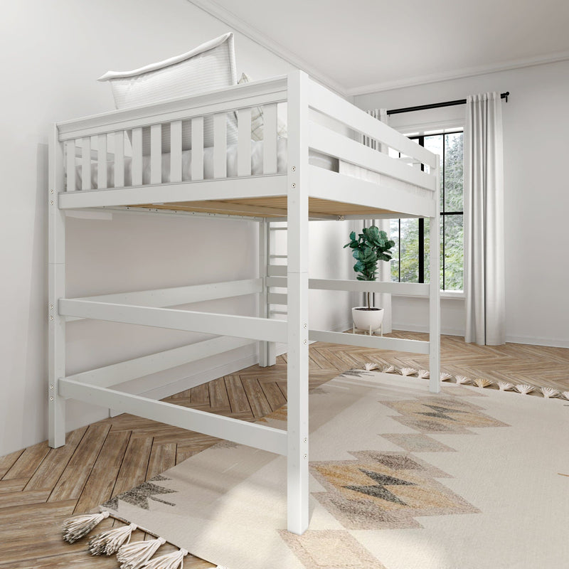 White wooden loft bunk bed with guardrails in a bright modern kids' bedroom, hardwood floor, boho rug and potted plant.